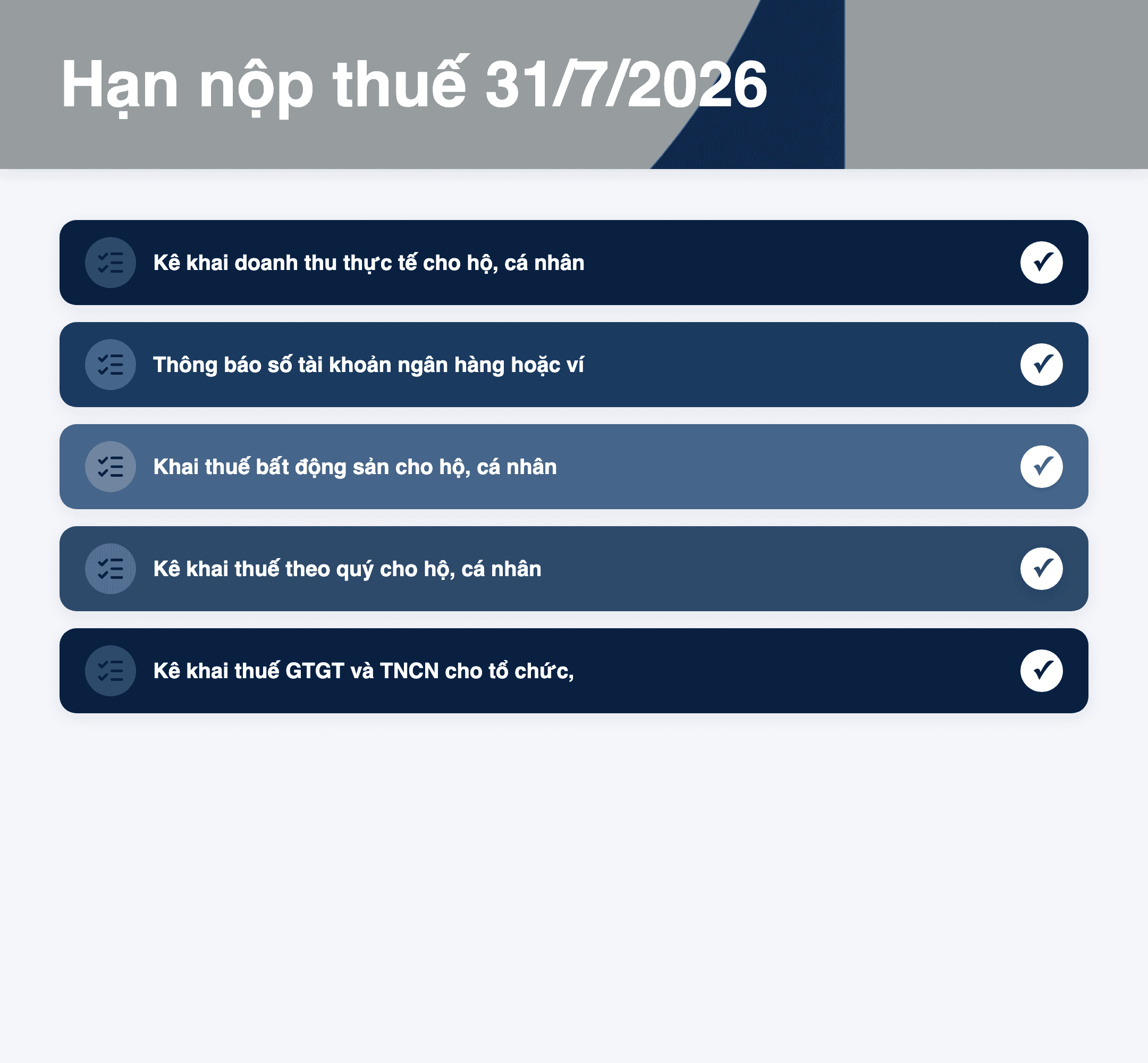 Infographic: Hạn nộp thuế 31/7/2026: 6 thủ tục quan trọng doanh nghiệp cần biết