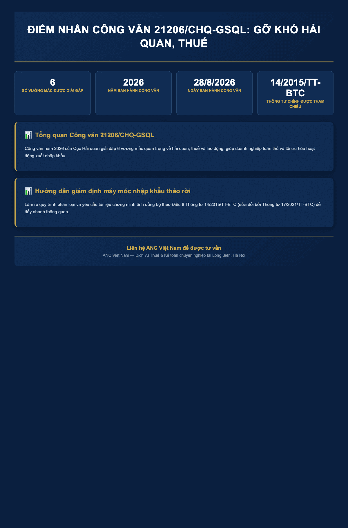 Infographic: Công văn 21206/CHQ-GSQL (2026): Giải đáp vướng mắc Hải quan, Thuế